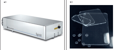 圖1：Spirit 1040-IMC 激光器（a）具備高重復(fù)率的工業(yè)飛秒激光器，平均功率高達(dá)16瓦，是進(jìn)行 ClearShape加工（b）的理想之選。