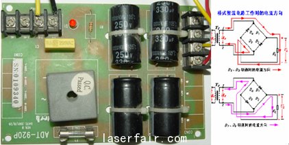 圖1.2.4 橋式整流電路工作時(shí)的電流流向，實(shí)物圖